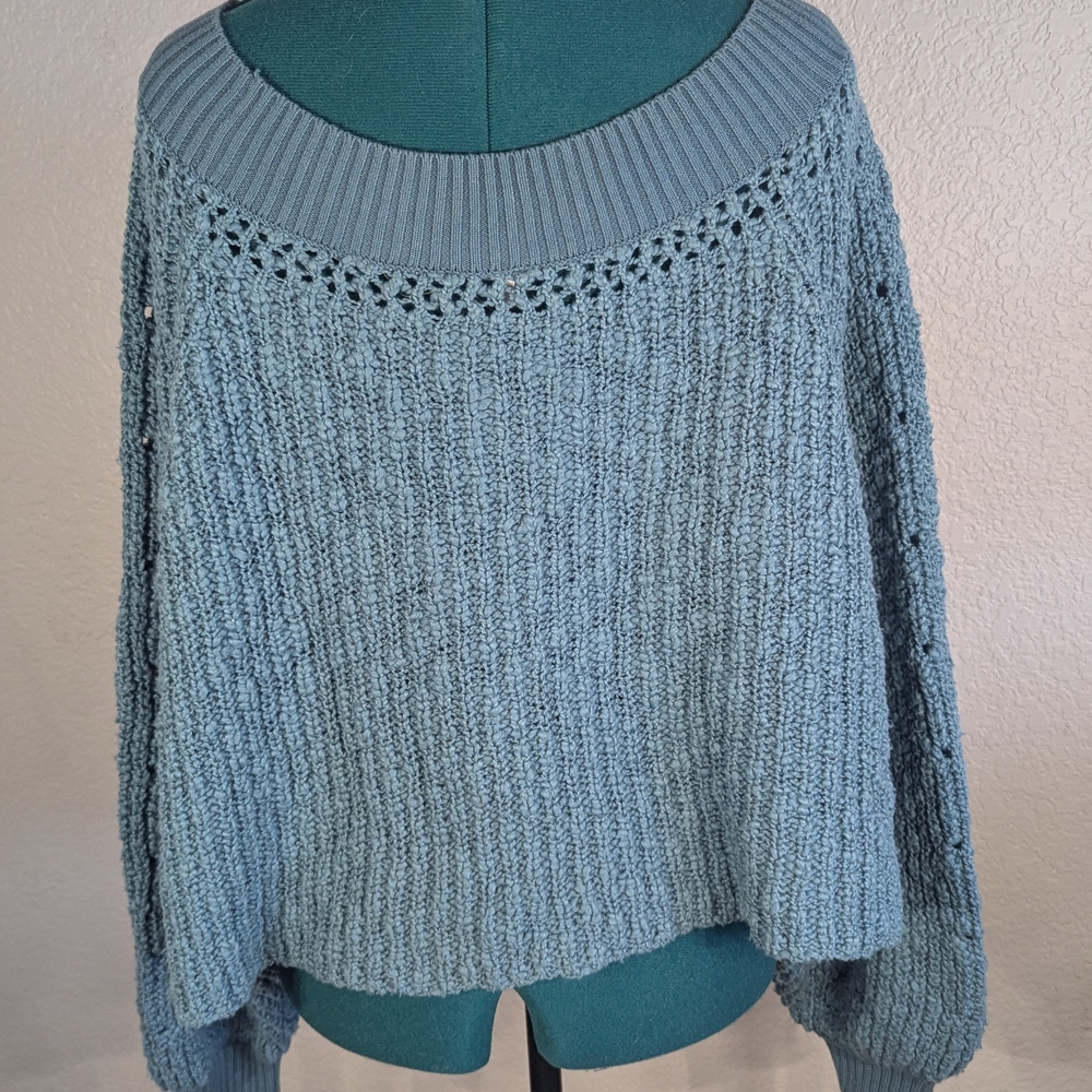 Free People Textured Blue Cowl Neck Sweater